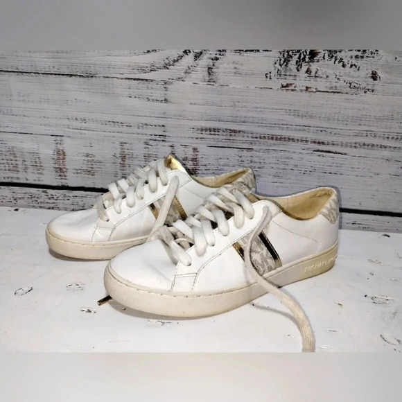 Michael Kors Irving White & Gold Sneaker size 5.5M Lace Up Athletic Casual - Picture 3 of 6